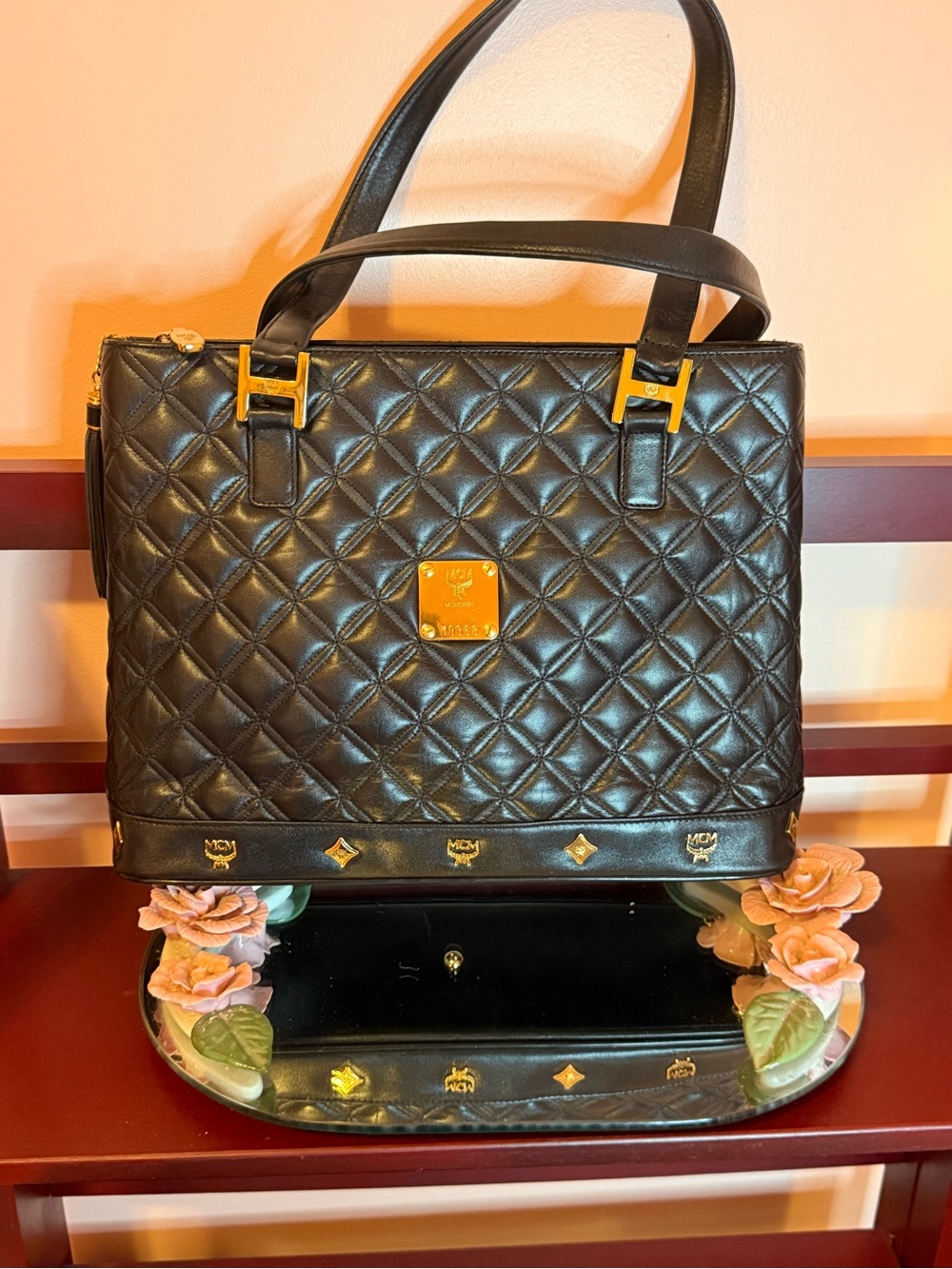 MCM Black Quilted Leather Shoulder Bag with Gold Hardware